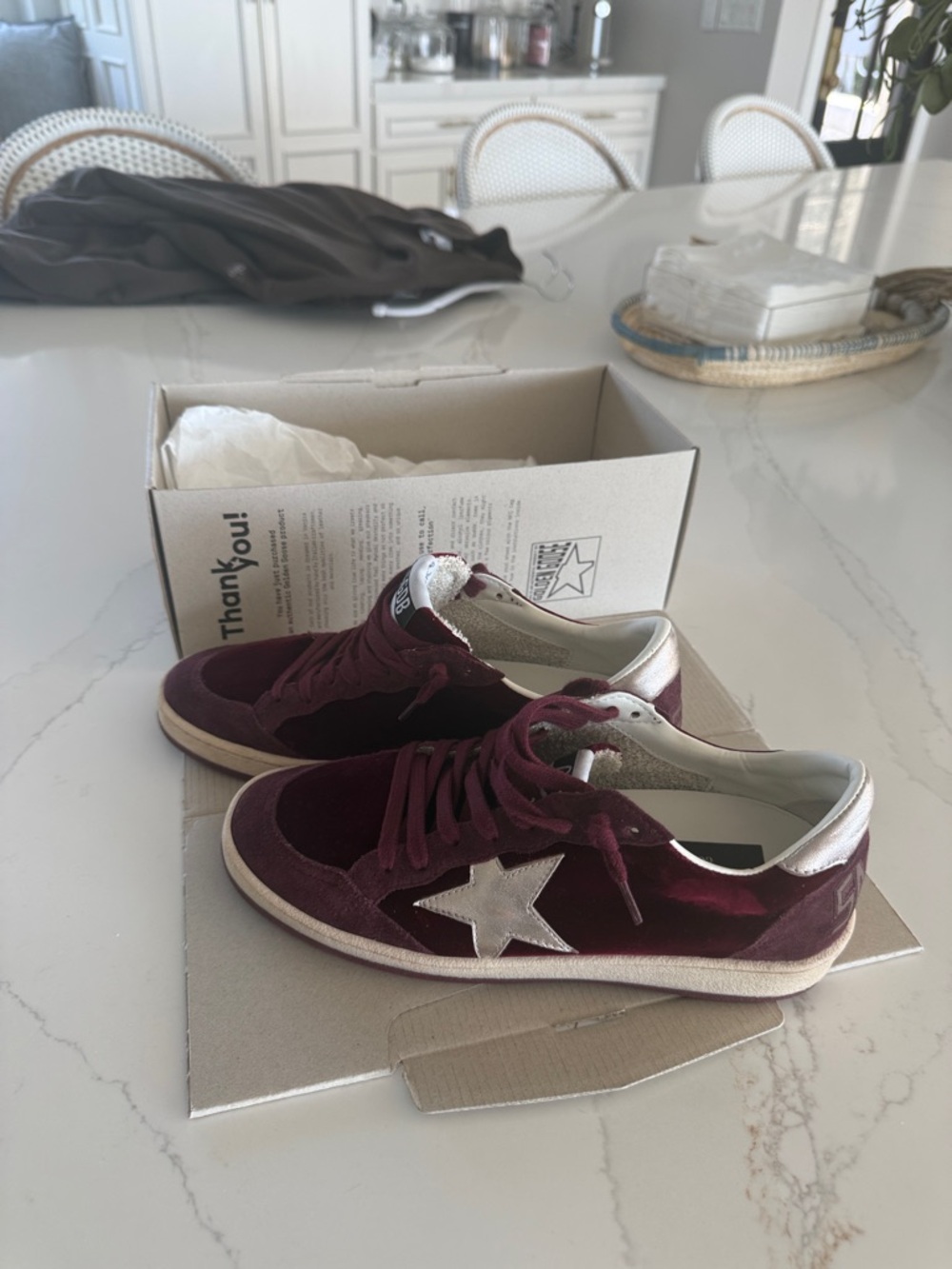 Golden Goose Burgundy Velvet Low-Top Sneakers with Silver Star